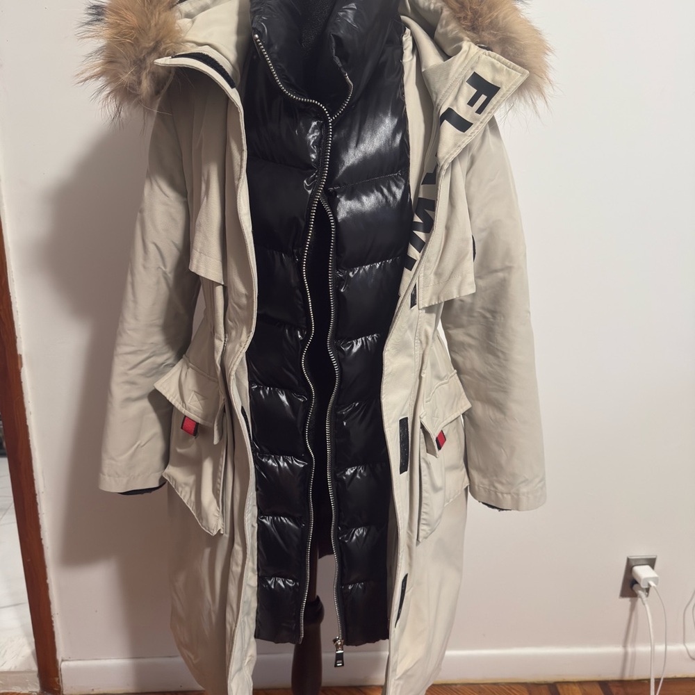 Women's Black and Cream Fur-Trimmed Coat